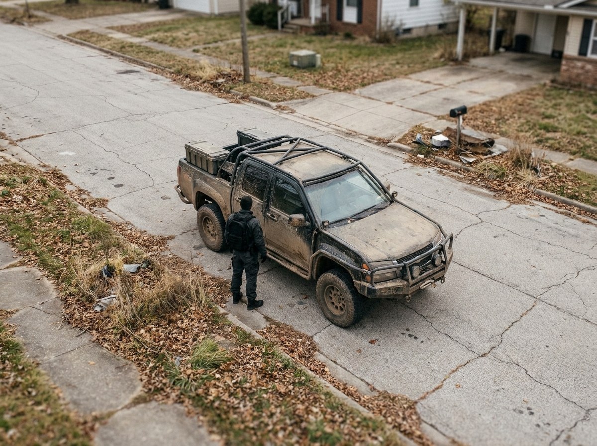 A top-down isometric view of a survivor in tactical gear standing next to a modified, heavy-duty off-road vehicle on a