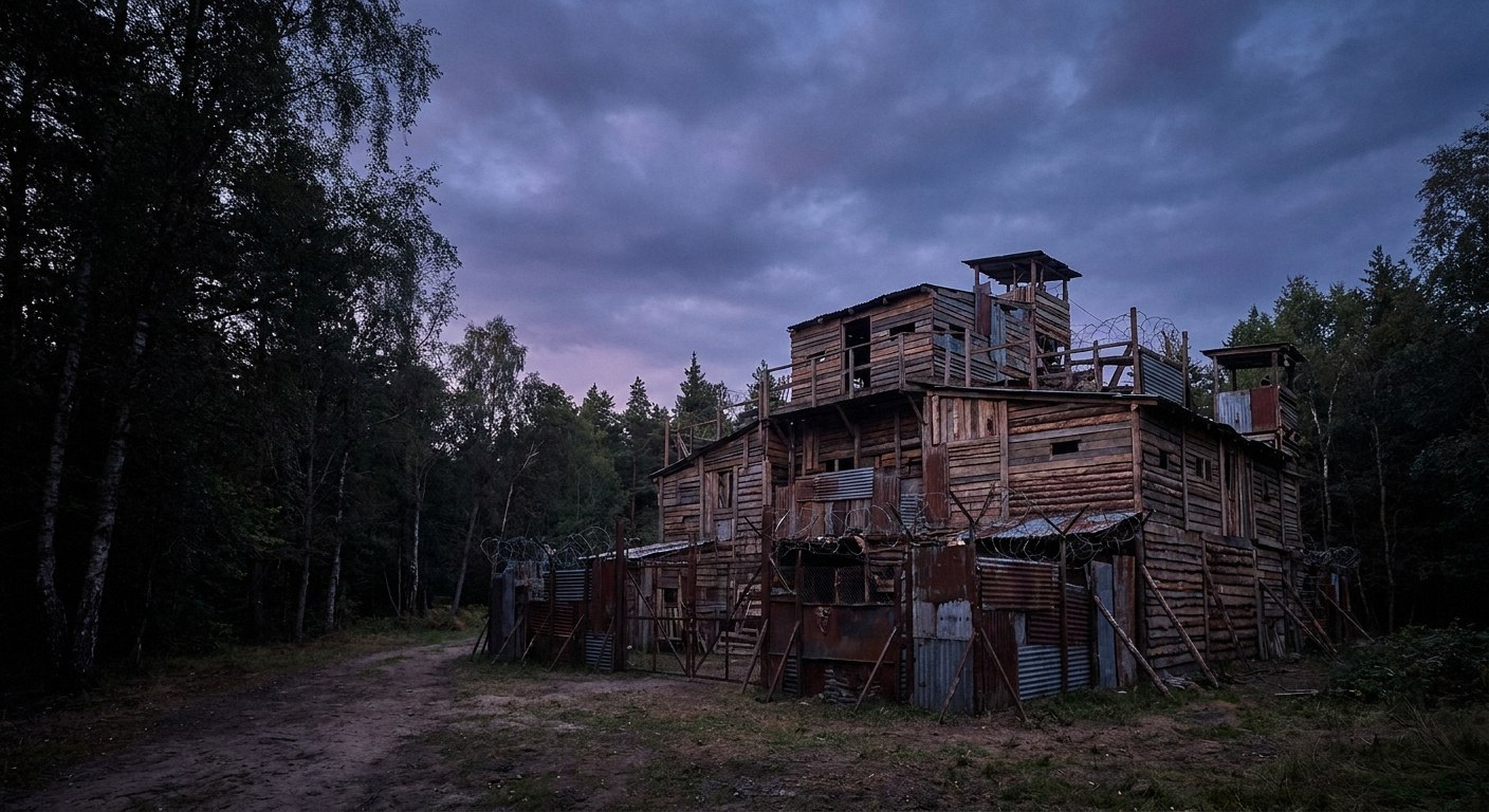 A multi-level wooden and metal structure sits in a forest clearing under a cloudy twilight sky. It includes