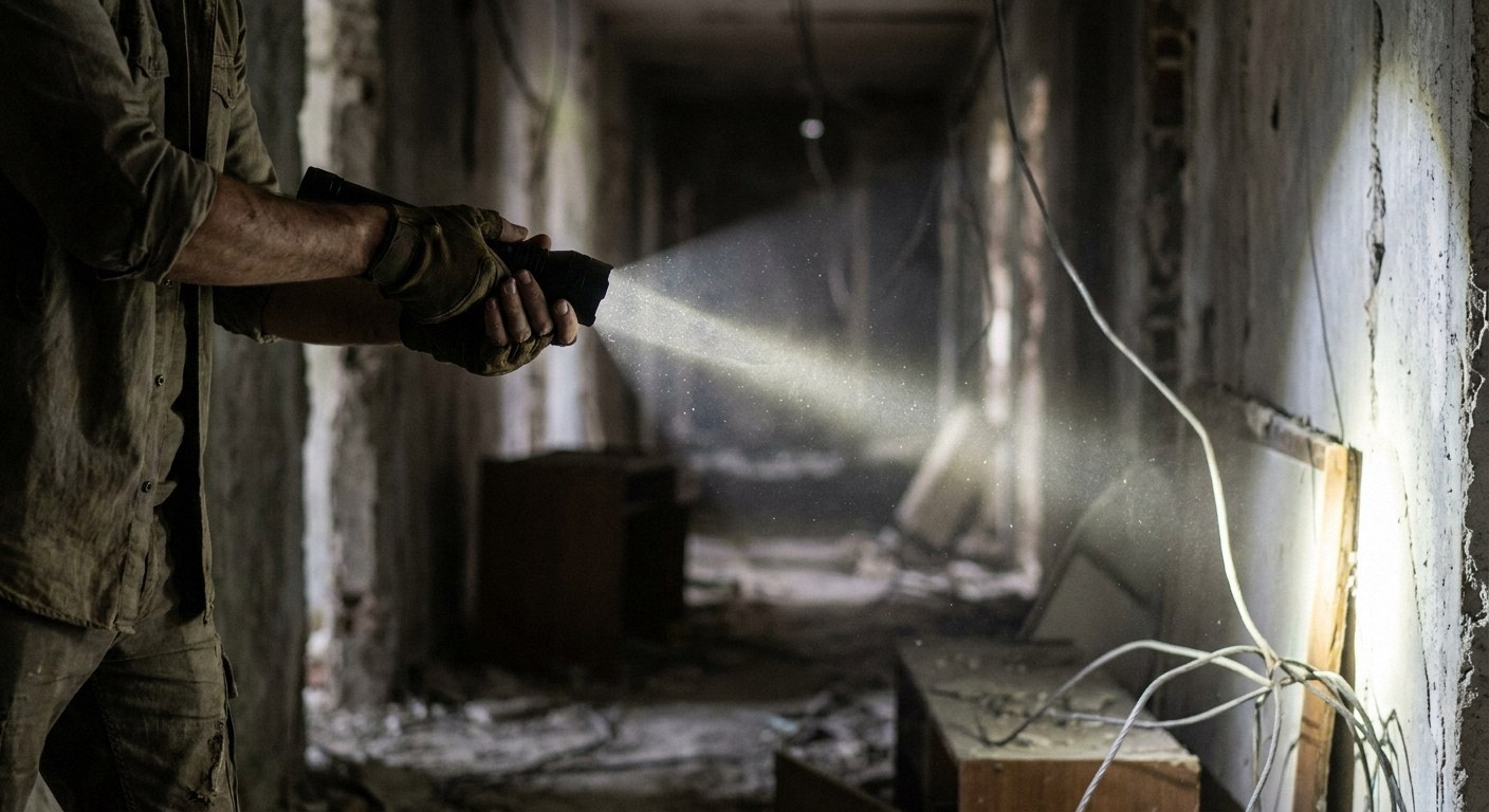 process view of a survivor's arms actively sweeping a bright flashlight beam across a dark, ruined high-rise apartment