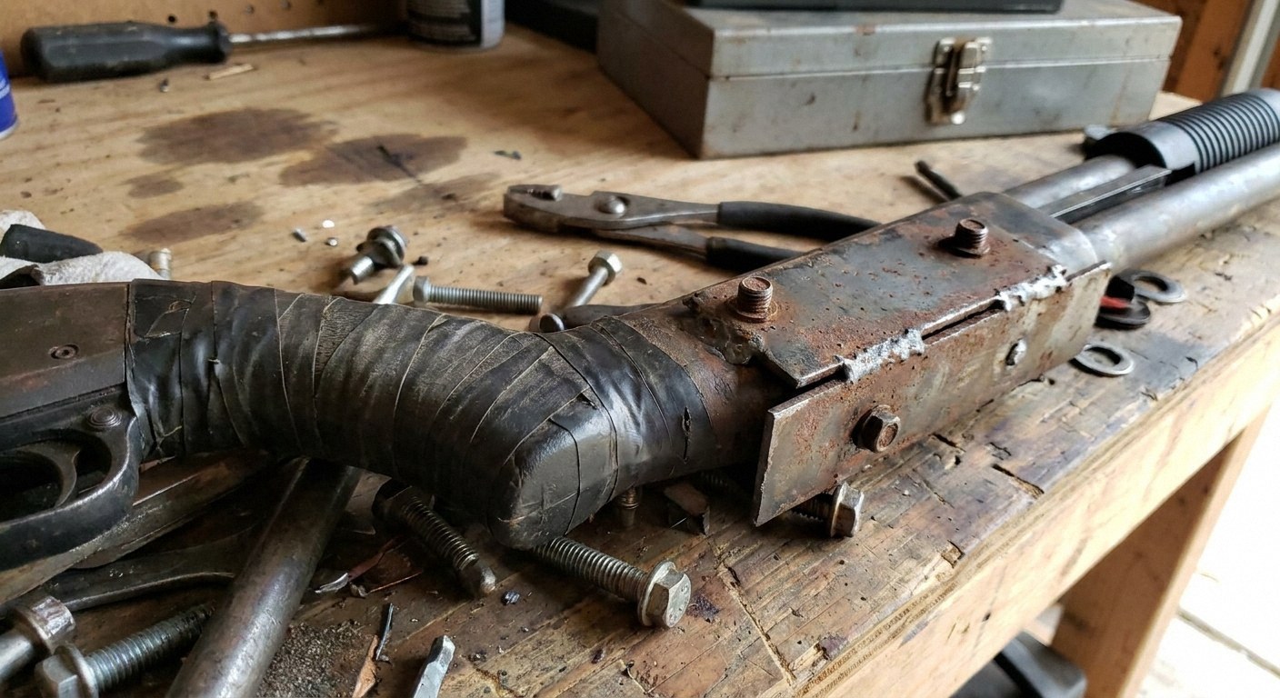 A modified firearm on a wooden workbench surrounded by loose bolts and pliers. It features a grip wrapped in black tape