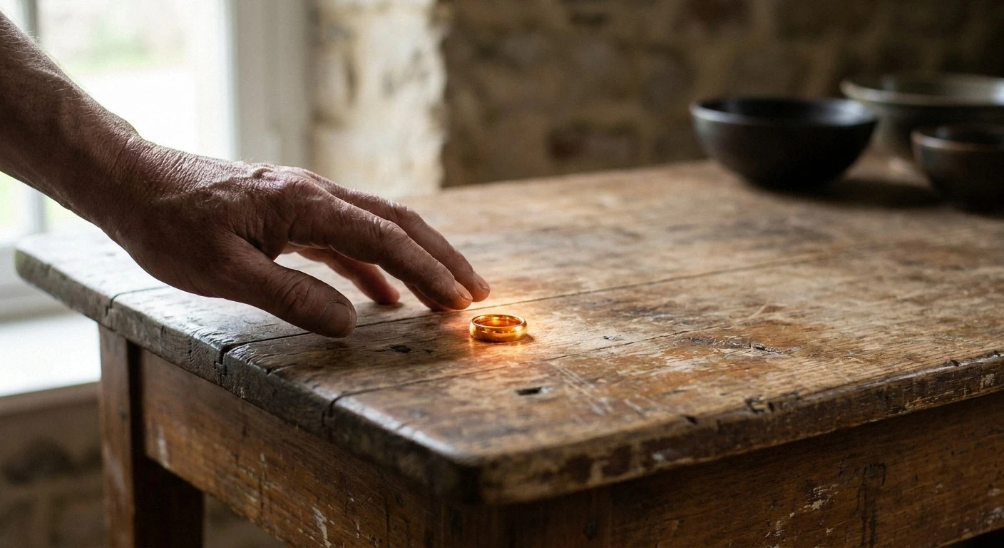 An older arm and hand reach toward a glowing golden ring resting on a heavily scratched wooden table. Dark bowls are