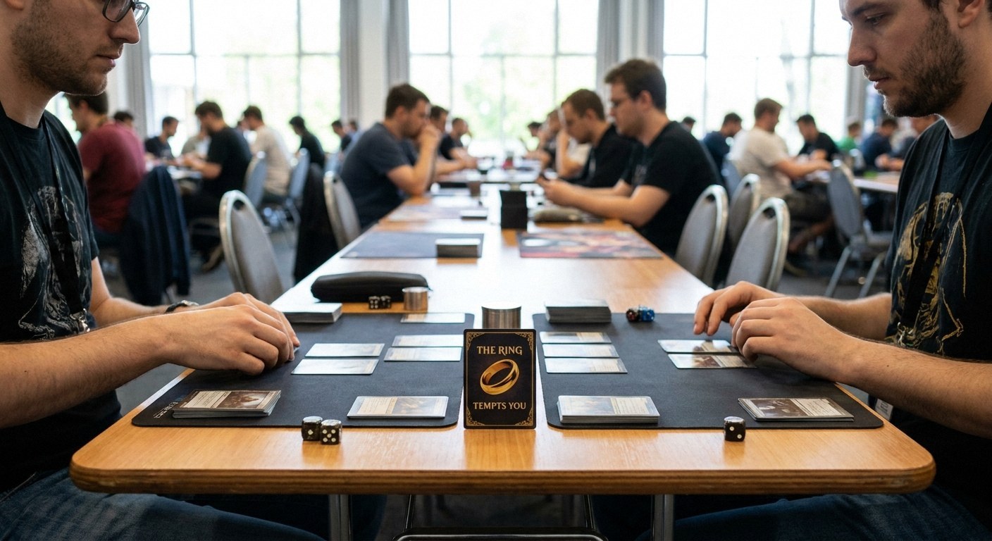Two men play a card game at a table with playmats, cards, and dice. A central sign reads THE RING TEMPTS YOU. A