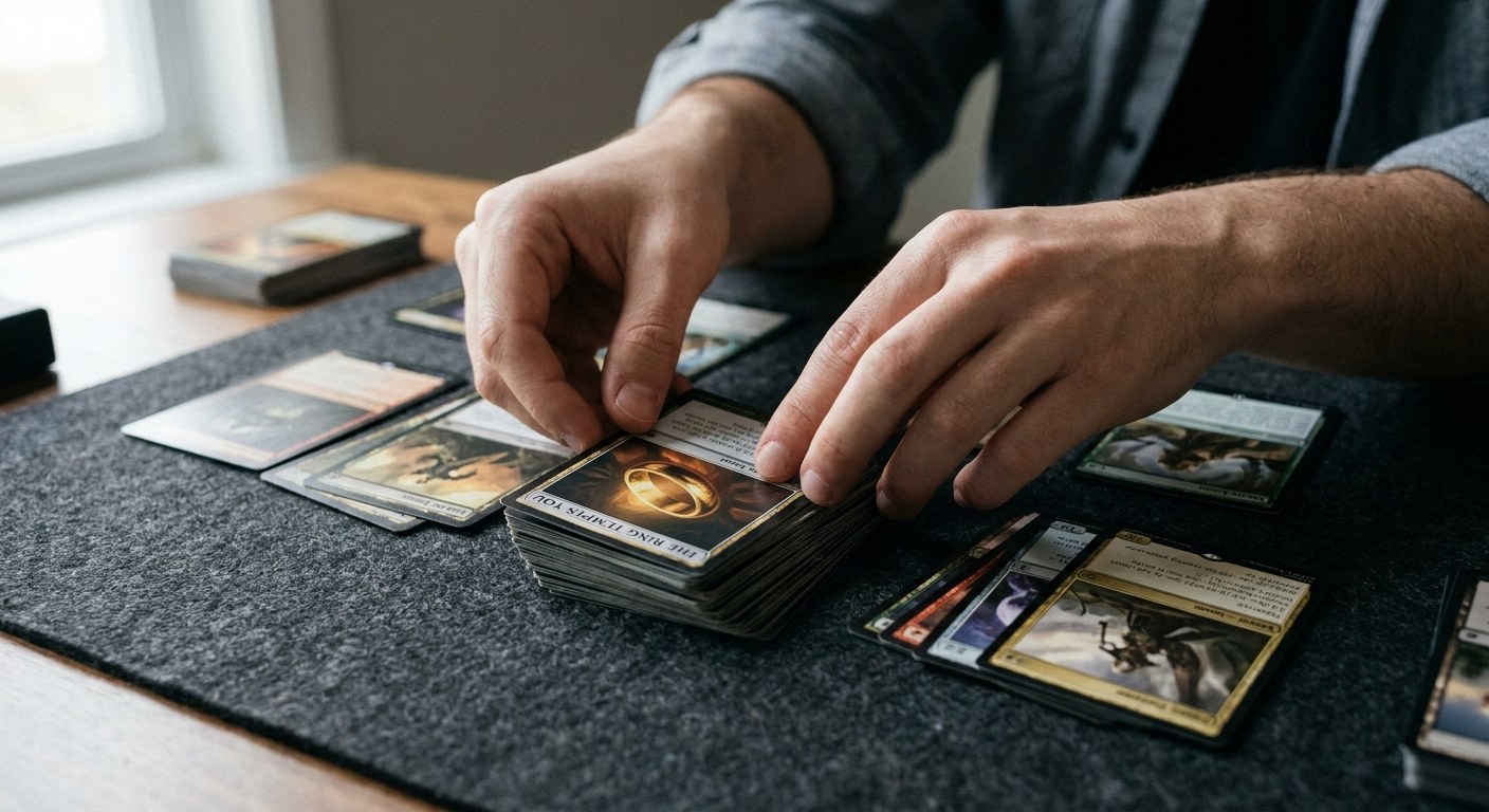 Hands placing a card reading THE RING TEMPTS YOU onto a deck on a dark felt mat surrounded by other trading cards